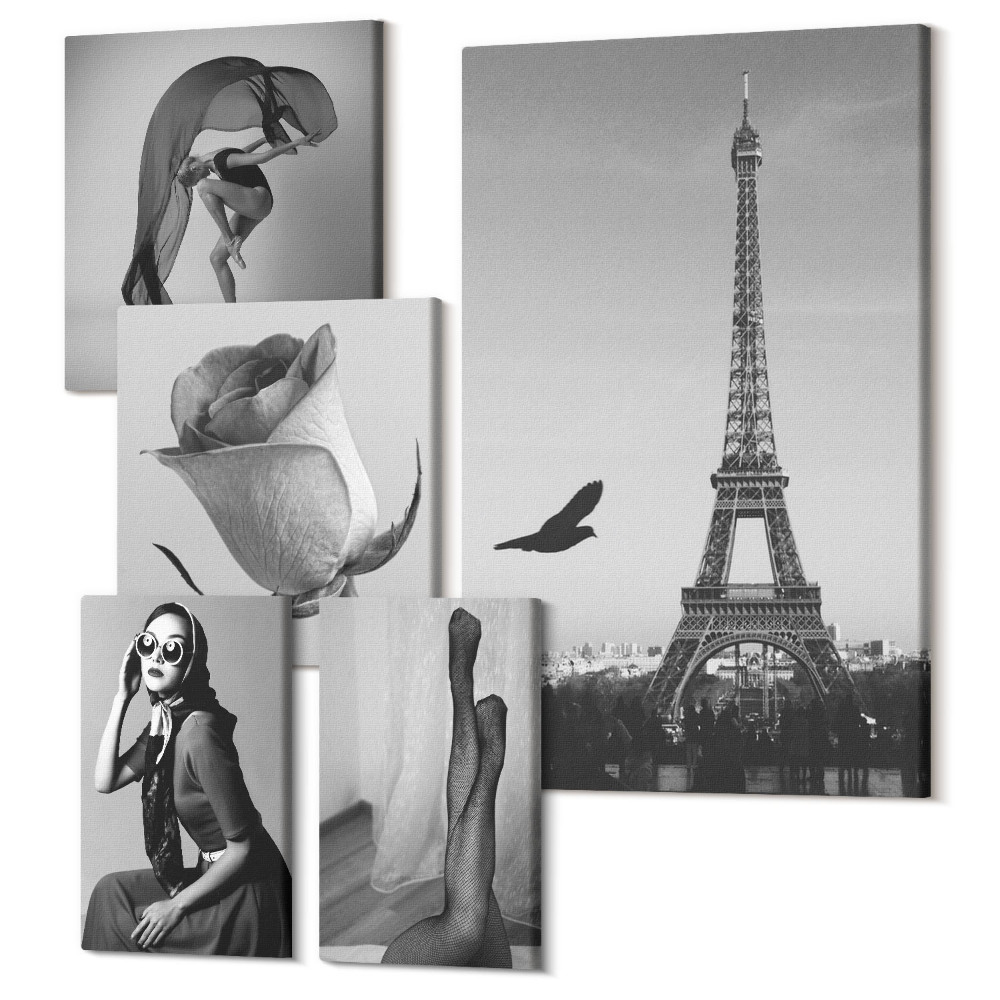Öt részes vászonkép szett Stílusos fekete-fehér fotók Párizsból és a nők eleganciájáról