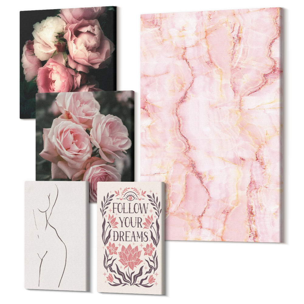 Öt részes vászonkép Rózsaszín virágok és minimalista formák bohó stílusban