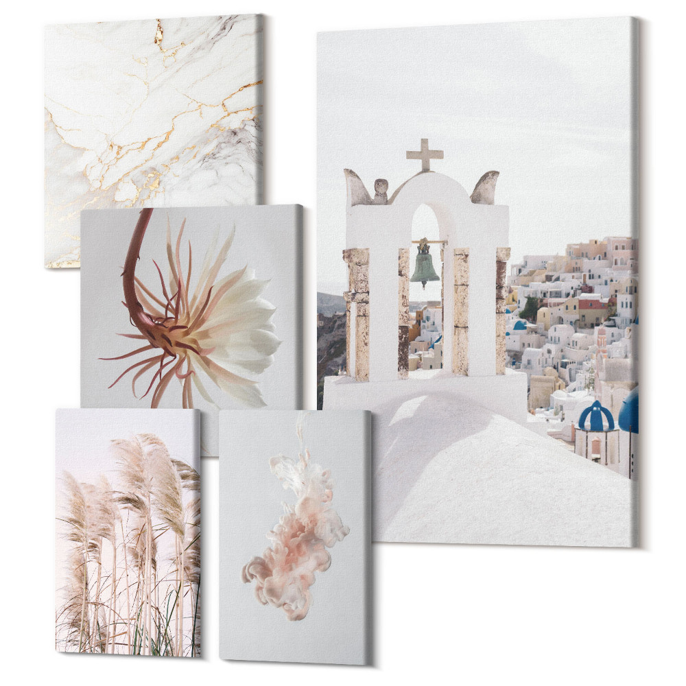 Vászonkép ötrészes Stílusos kilátás az építészetre és a természetre pasztell színekben