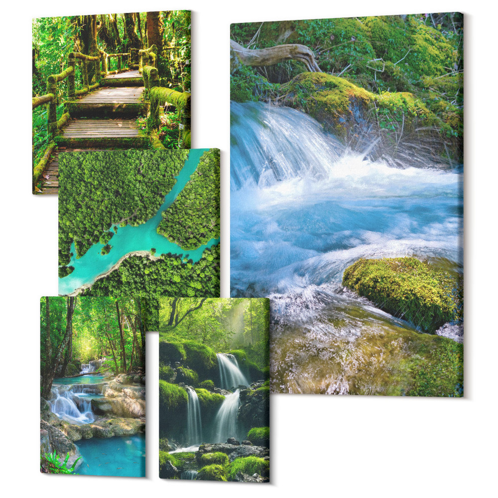 Öt részes vászonkép szett A béke zöld oázisai, vízesések és patakok az erdőben