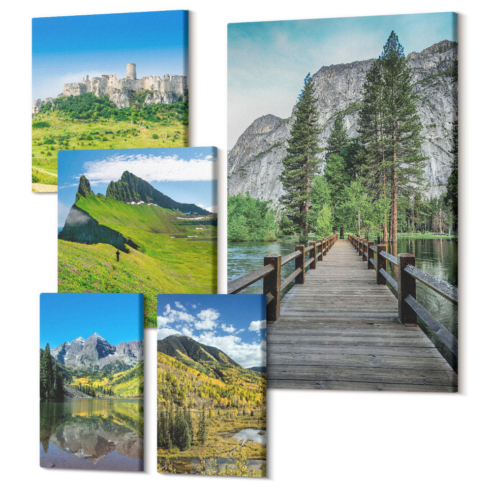 Öt részes vászonkép szett Természetes hegyi tájak vízesésekkel és erdőkkel