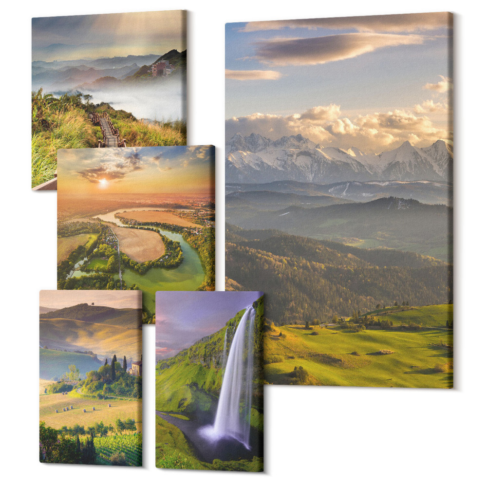 Vászonkép ötrészes Hegyi tájak és vízesések festői környezetben