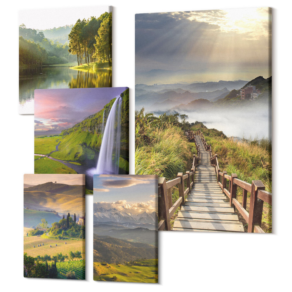 Öt részes vászonkép szett Természeti tájak vízesésekkel és kilátással a hegyekre