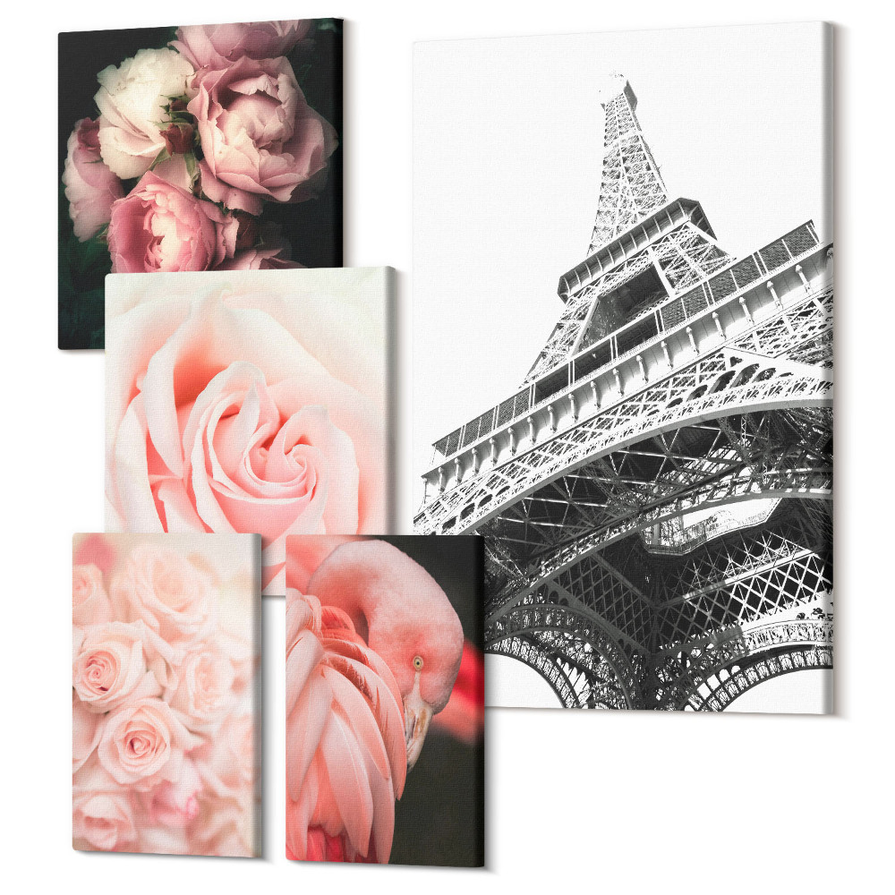 Vászonkép ötrészes Rózsaszín rózsák és az Eiffel-torony romantikus stílusban