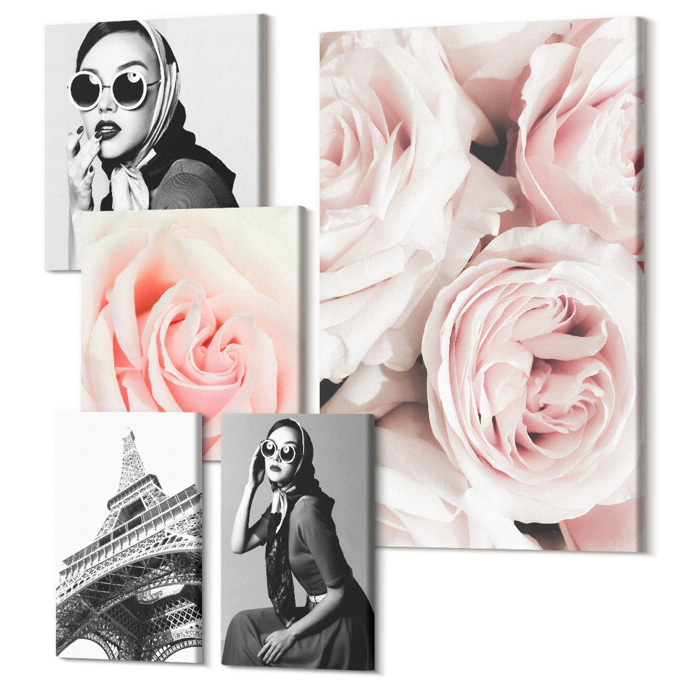 Vászonkép ötrészes Stílusos portrék és romantikus rózsák elegáns kiadásban