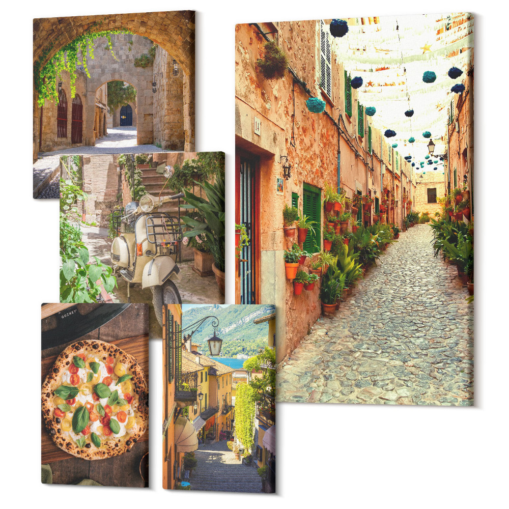 Öt részes vászonkép szett Bájos utcák és ízletes olasz stílusú ételek