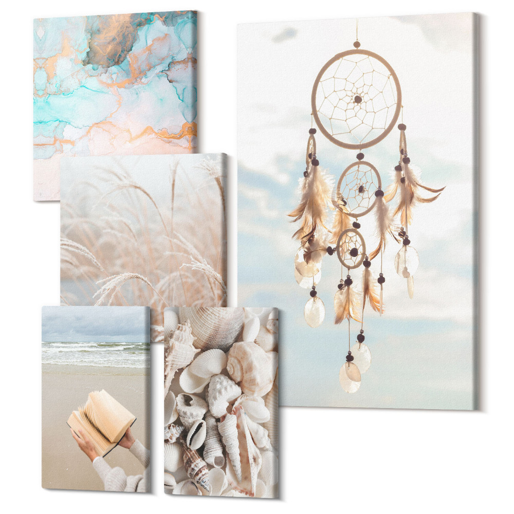Vászonkép ötrészes A Boho stílus a strandról és a természetről álmodik finom tónusokkal