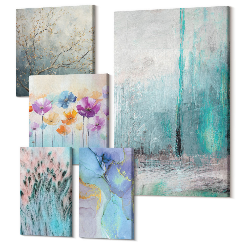 Öt részes vászonkép szett Absztrakt tájak virágokkal és finom motívumokkal