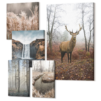 Vászonkép ötrészes Természetes vadon élő tájak erdei állatokkal