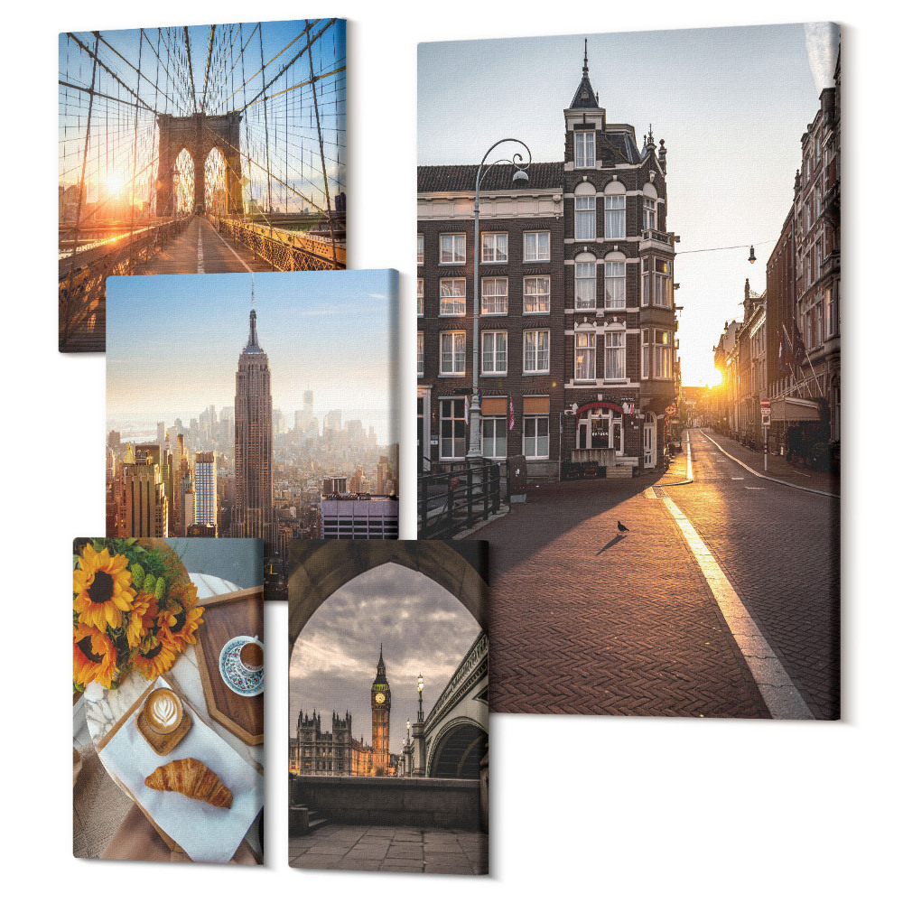 Vászonkép ötrészes Bájos kilátás a városra, építészet és naplemente