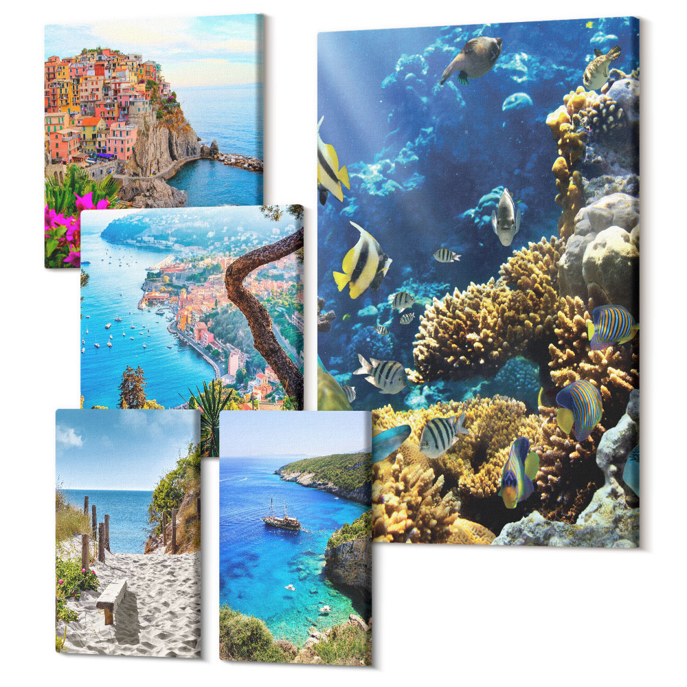 Öt részes vászonkép szett Tengerparti tájak színes halakkal és strandokkal