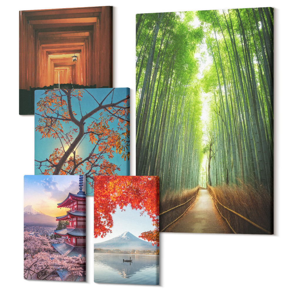 Vászonkép ötrészes Japán tájai bambusszal és tavaszi virágokkal