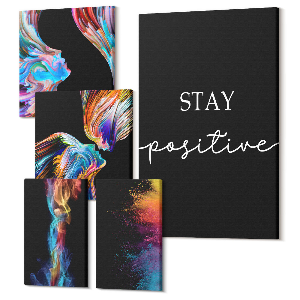 Öt részes vászonkép szett Színes absztraktok pozitív szlogenekkel, fekete alapon
