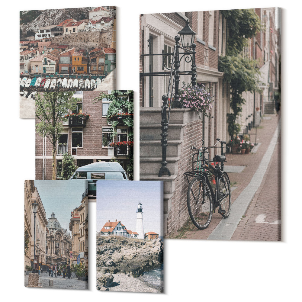 Vászonkép ötrészes Bájos utcák kerékpárokkal és kilátással a világítótornyokra