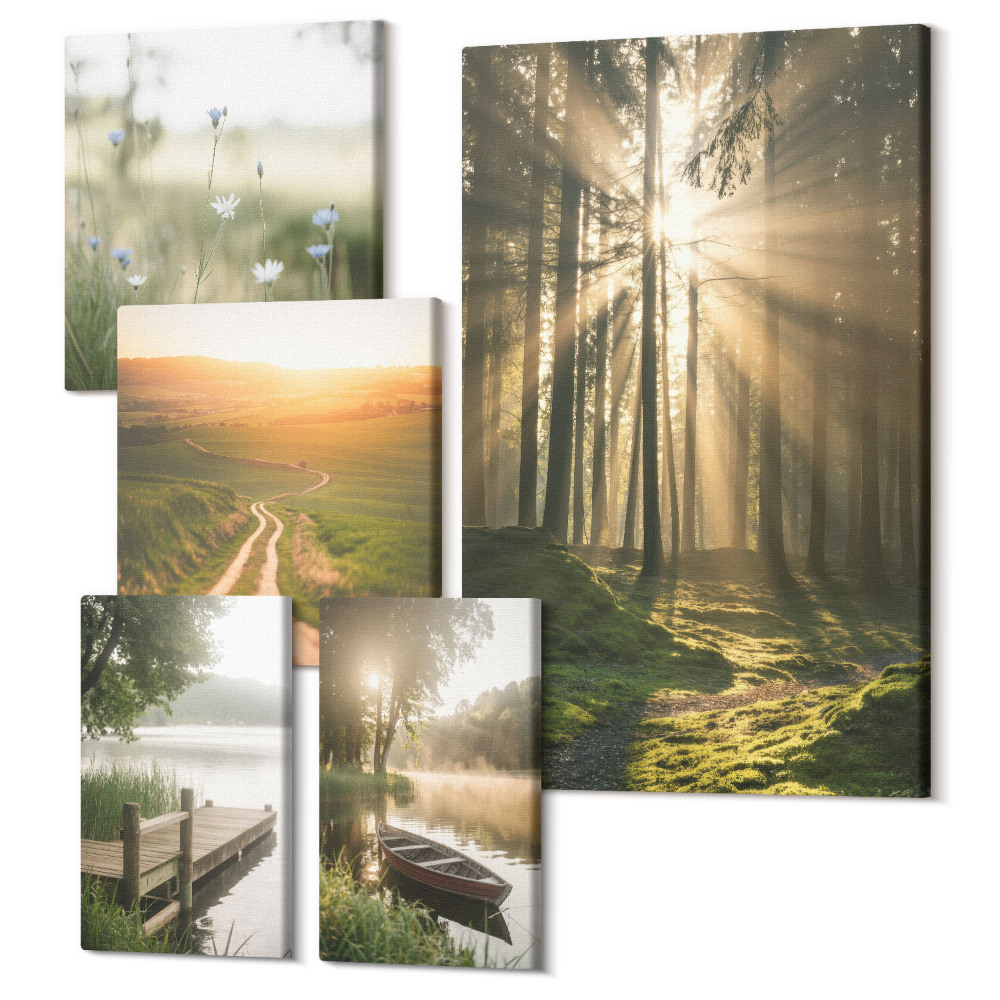 Öt részes vászonkép szett Erdei tájak napsugarakkal és nyugodt vizekkel
