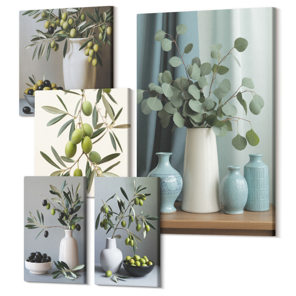 Öt részes vászonkép szett Zöld olajbogyó vázákban - stílusos konyhai dekoráció