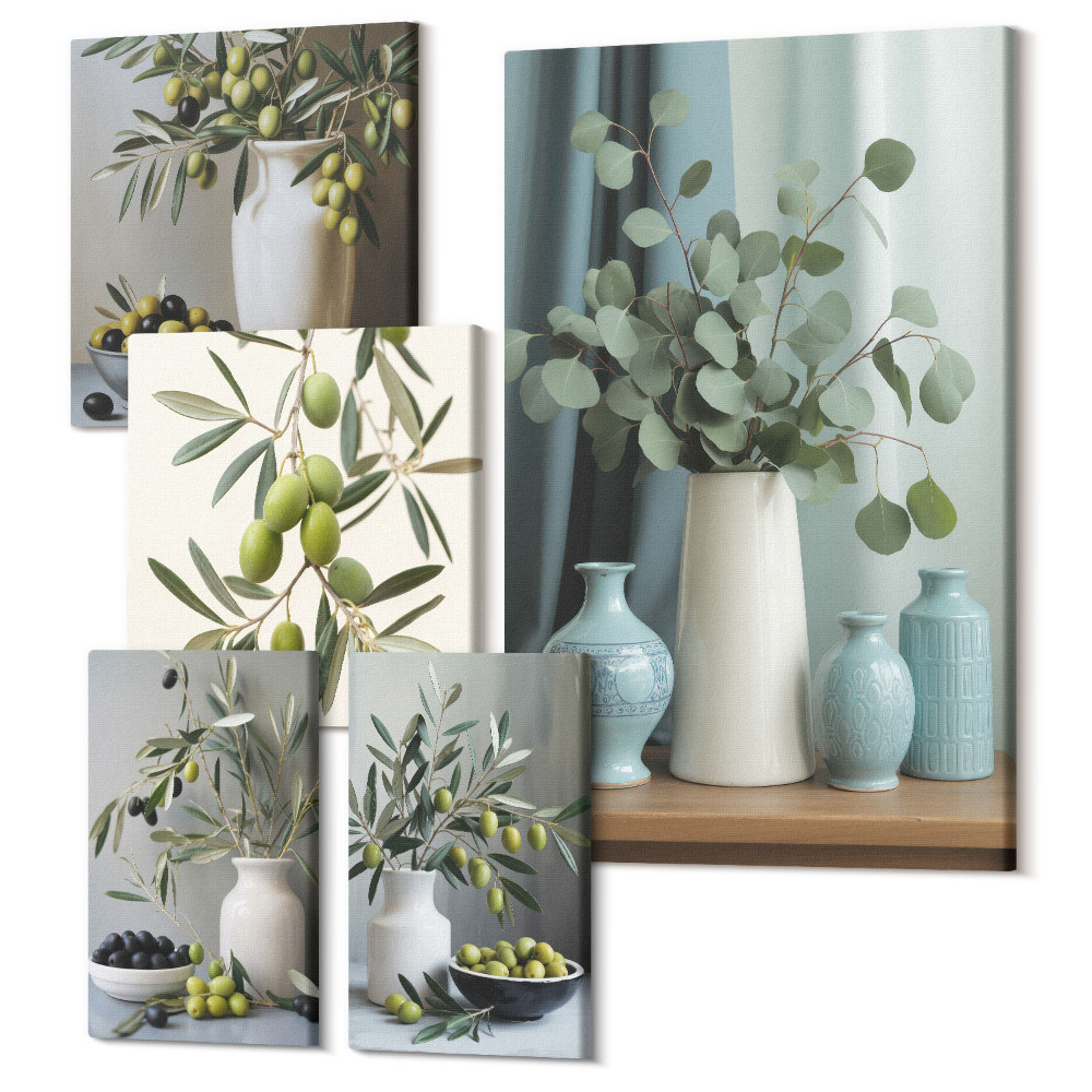 Vászonkép ötrészes Zöld olajbogyó és virágok skandináv stílusban