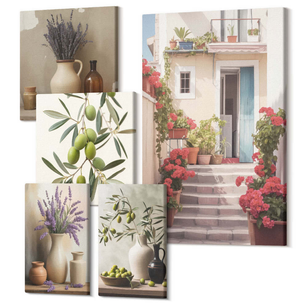 Öt részes vászonkép szett Stílusos belső terek virágokkal és gyümölcsökkel rusztikus hangulatban