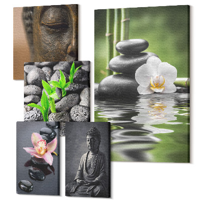 Vászonkép ötrészes Pihentető zen hangulat kövekkel és virágokkal