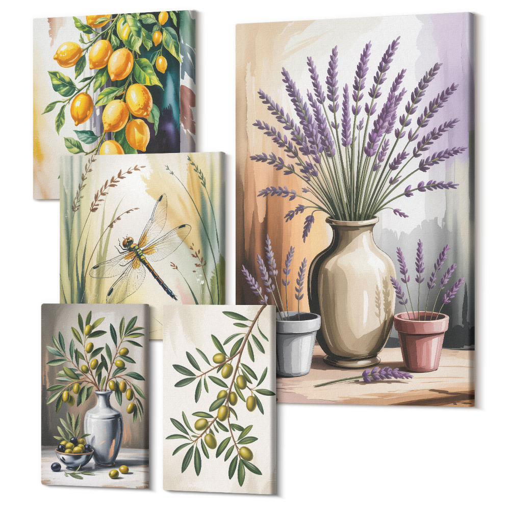 Öt részes vászonkép szett Virágdíszek olajbogyóval és citrommal rusztikus stílusban