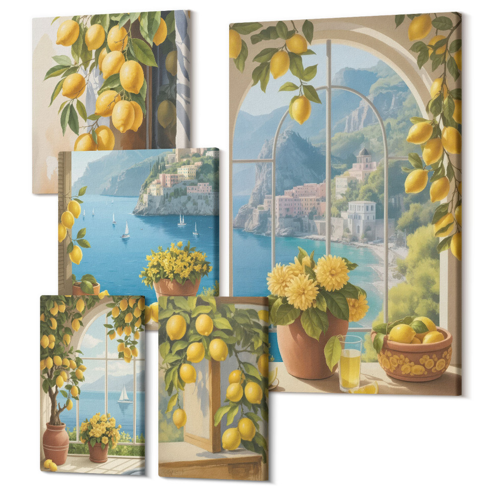Öt részes vászonkép Citromos díszítés provence-i stílusban, tengerre néző kilátással