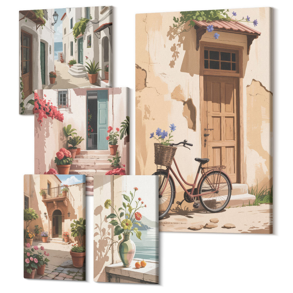 Öt részes vászonkép szett Bájos utcák kerékpárokkal és cserepes virágokkal