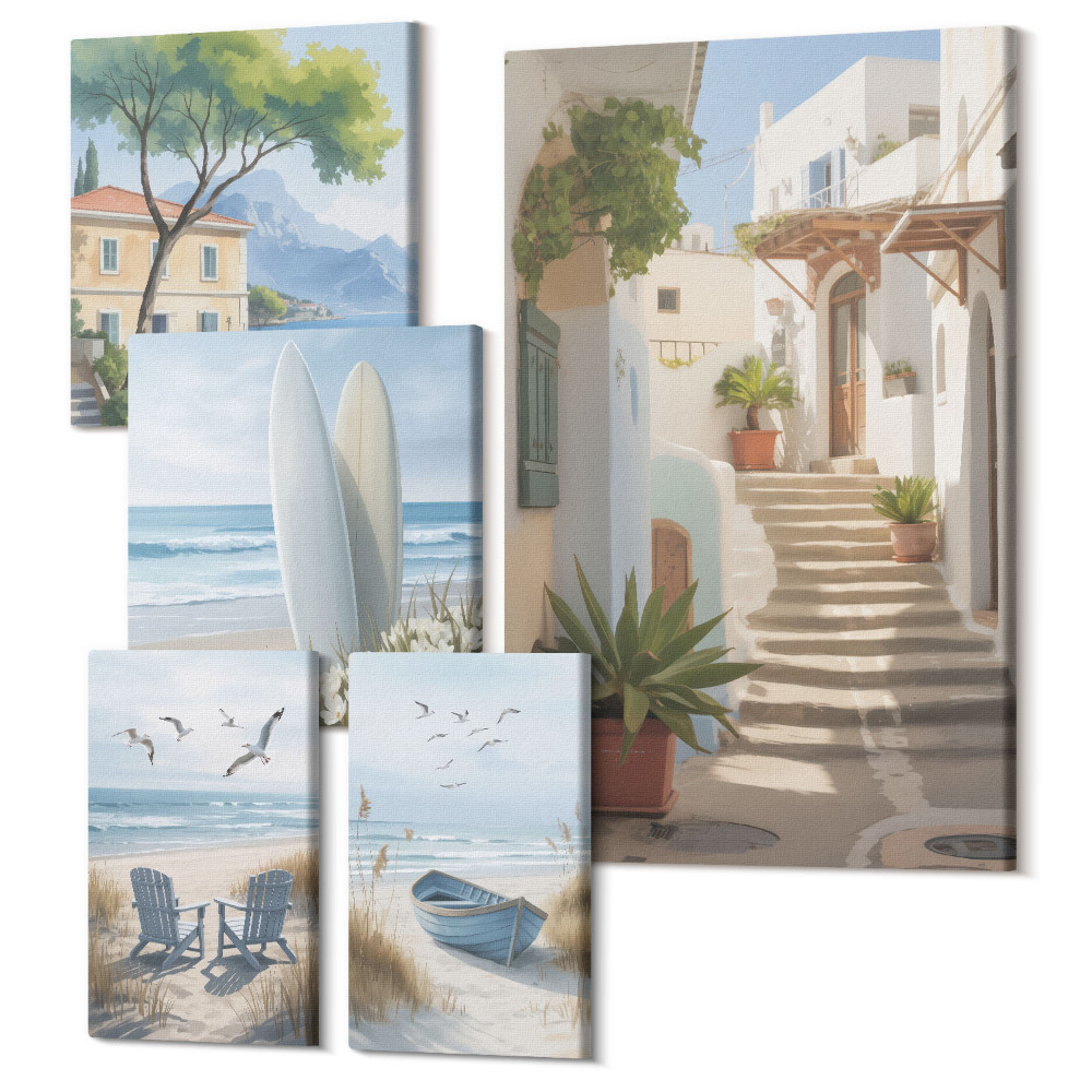 Vászonkép ötrészes Stílusos tengerparti kilátás strandokkal és tájakkal