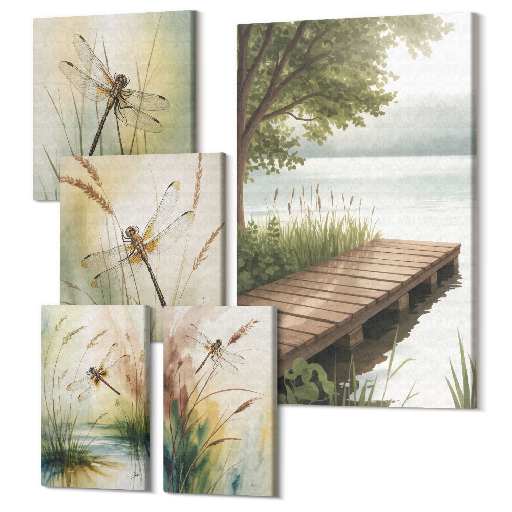 Öt részes vászonkép szett Békés tájak szitakötőkkel a víz és a parton