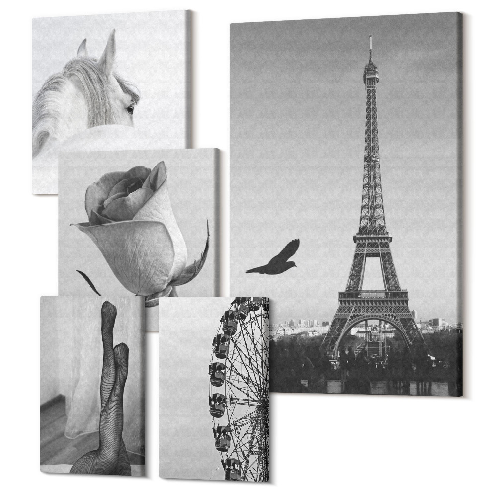 Öt részes vászonkép Stílusos fekete-fehér képek Párizsról és eleganciáról