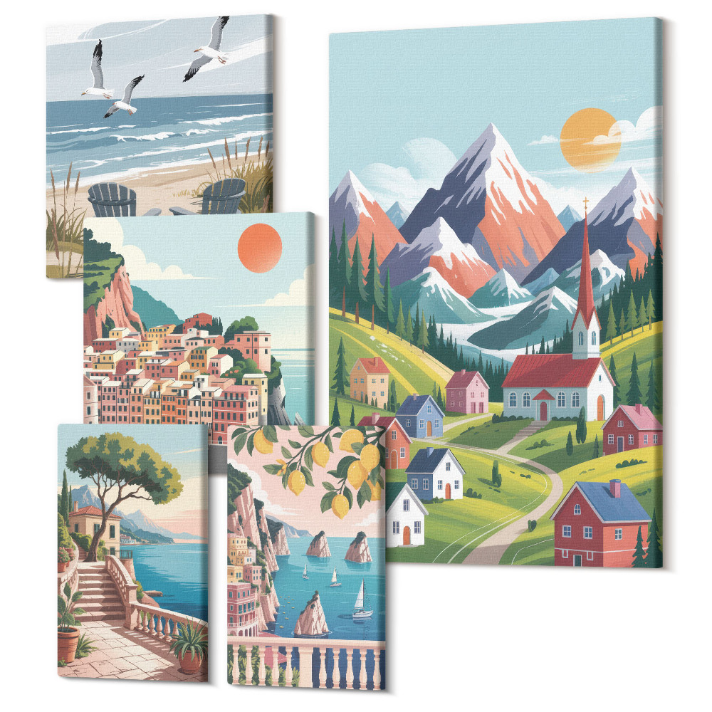 Öt részes vászonkép szett Hegyi és tengerparti tájak retro stílusban