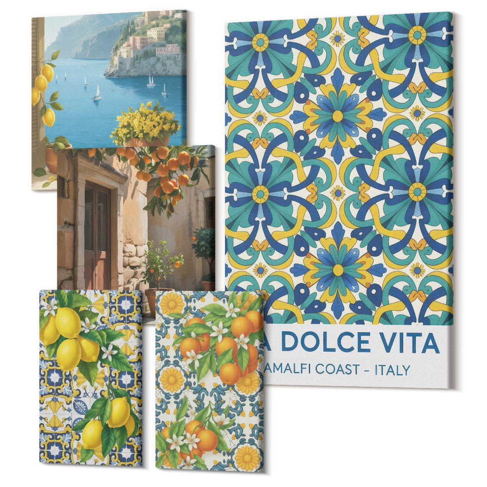 Öt részes vászonkép szett Olasz ihletésű Amalfi citrusfélék és virágok