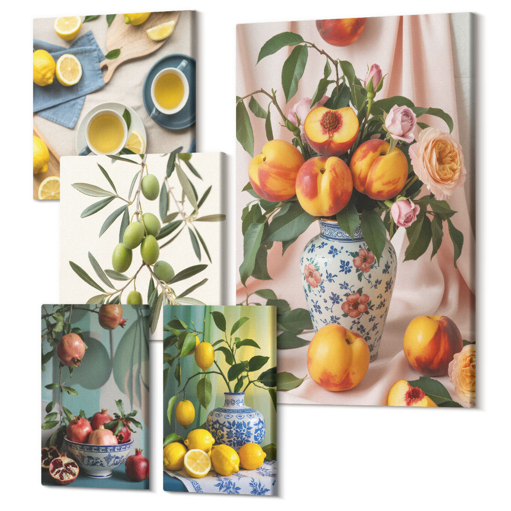Vászonkép ötrészes Gyümölcsök és virágok rusztikus stílusban belső dekorációhoz