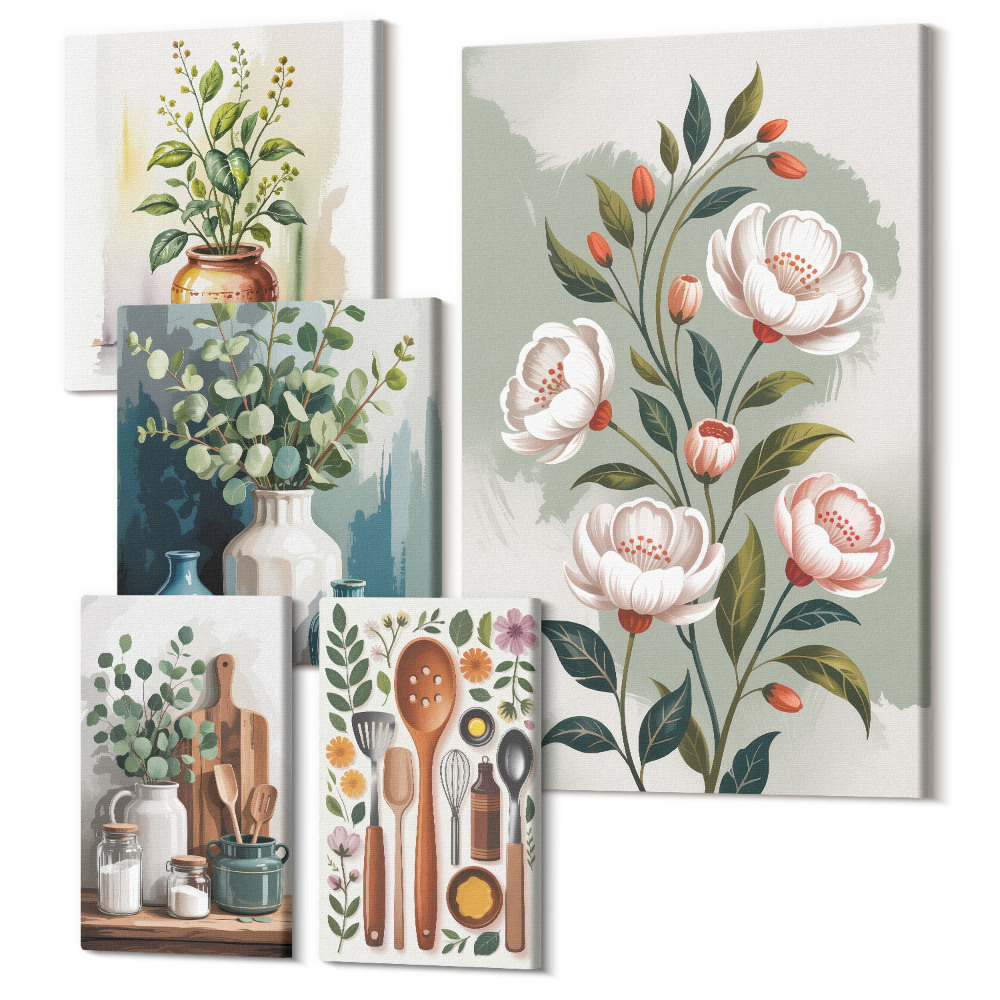 Öt részes vászonkép szett Stílusos dekorációk növényi motívumokkal és konyhai kiegészítőkkel
