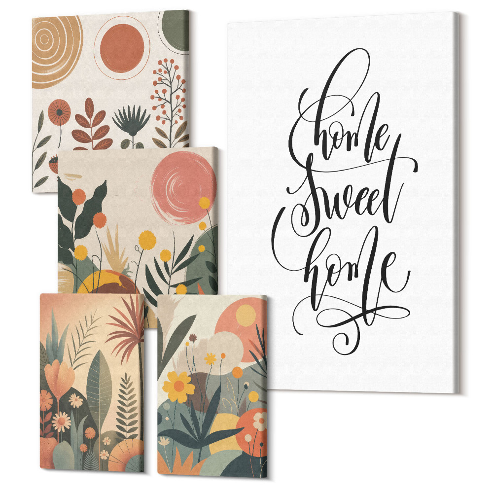 Vászonkép ötrészes Stílusos dekoráció növényi motívumokkal és felirattal