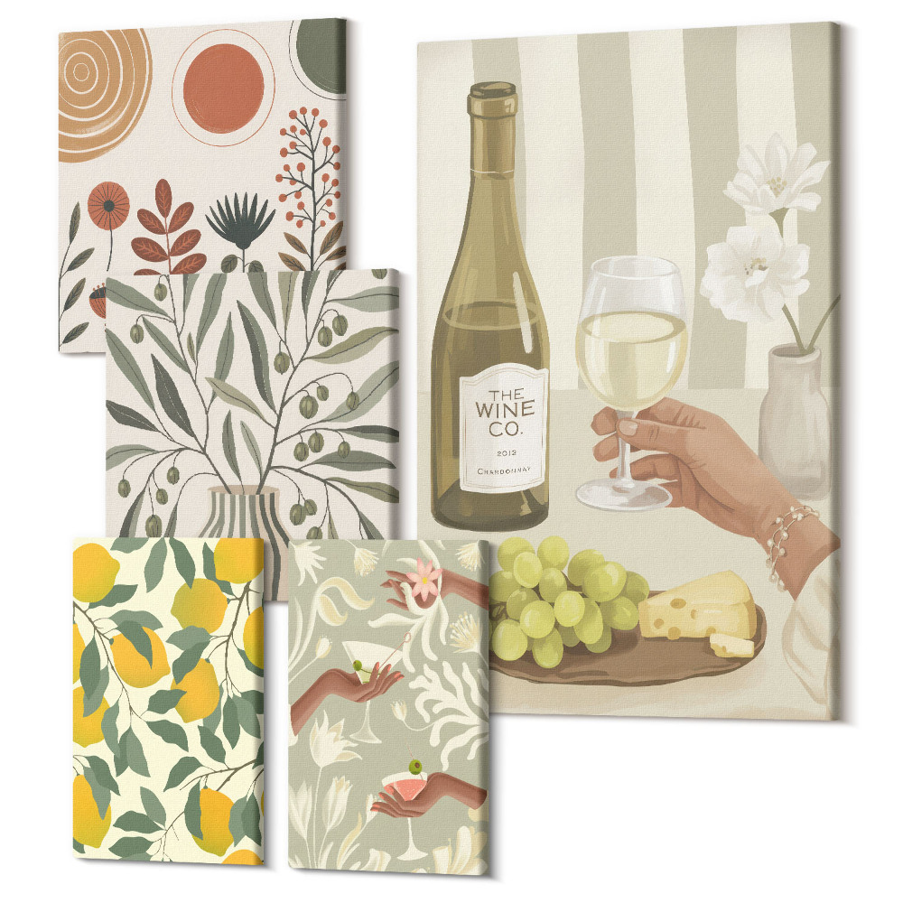 Öt részes vászonkép szett Stílusos dekorációk bor- és botanikai témával