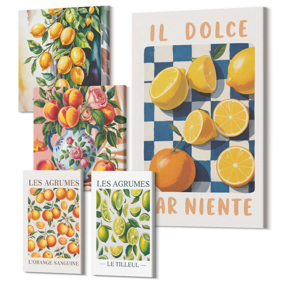 Vászonkép ötrészes Citrus retro inspirációk a konyhába