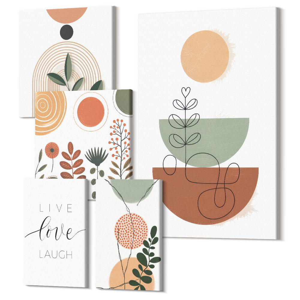 Vászonkép ötrészes Stílusos grafika növényi motívumokkal és geometriai formákkal