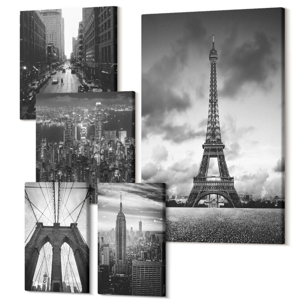 Öt részes vászonkép Fekete-fehér építészeti ikonok a világ városaiból
