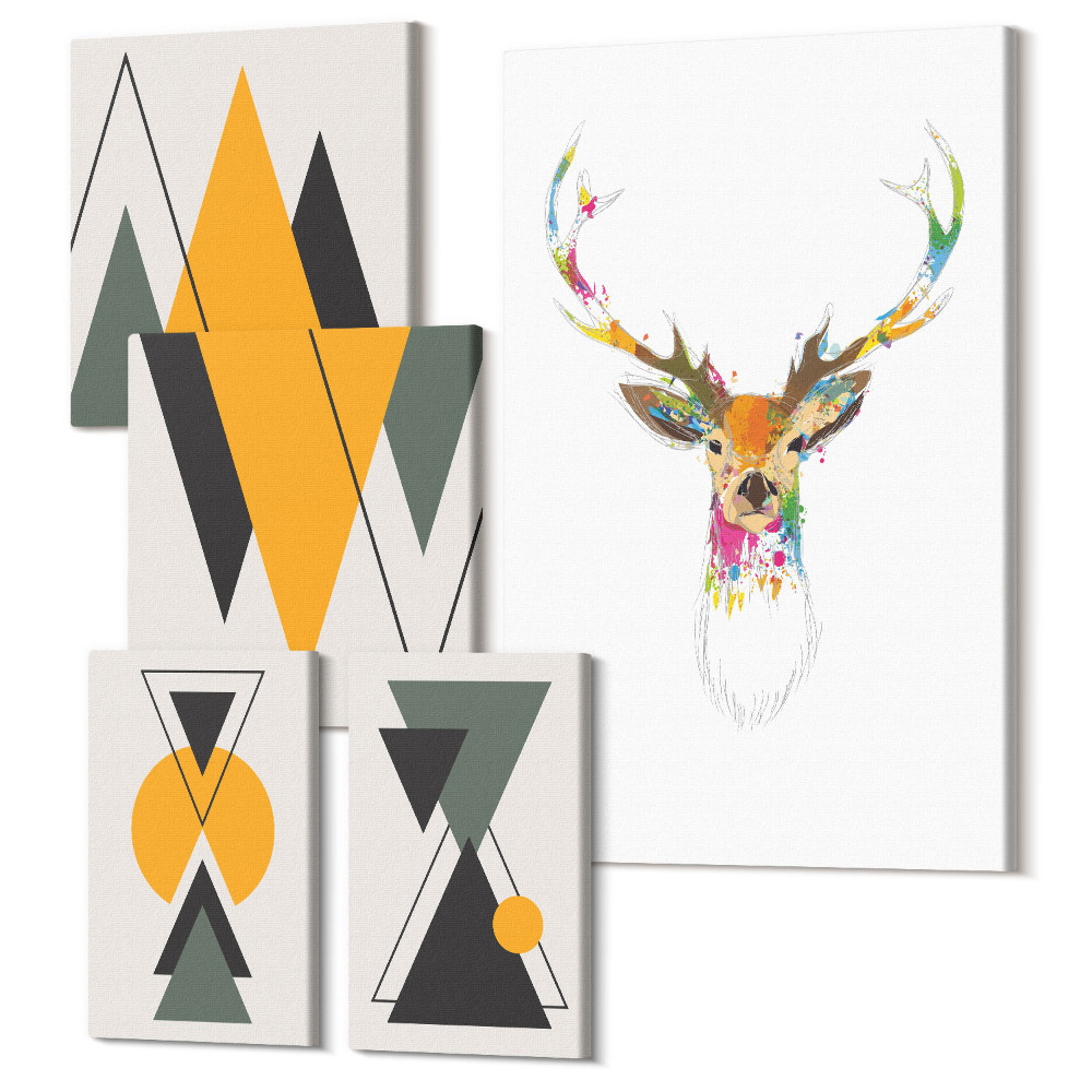 Vászonkép ötrészes Boho stílus színes állat- és geometrikus motívumokkal