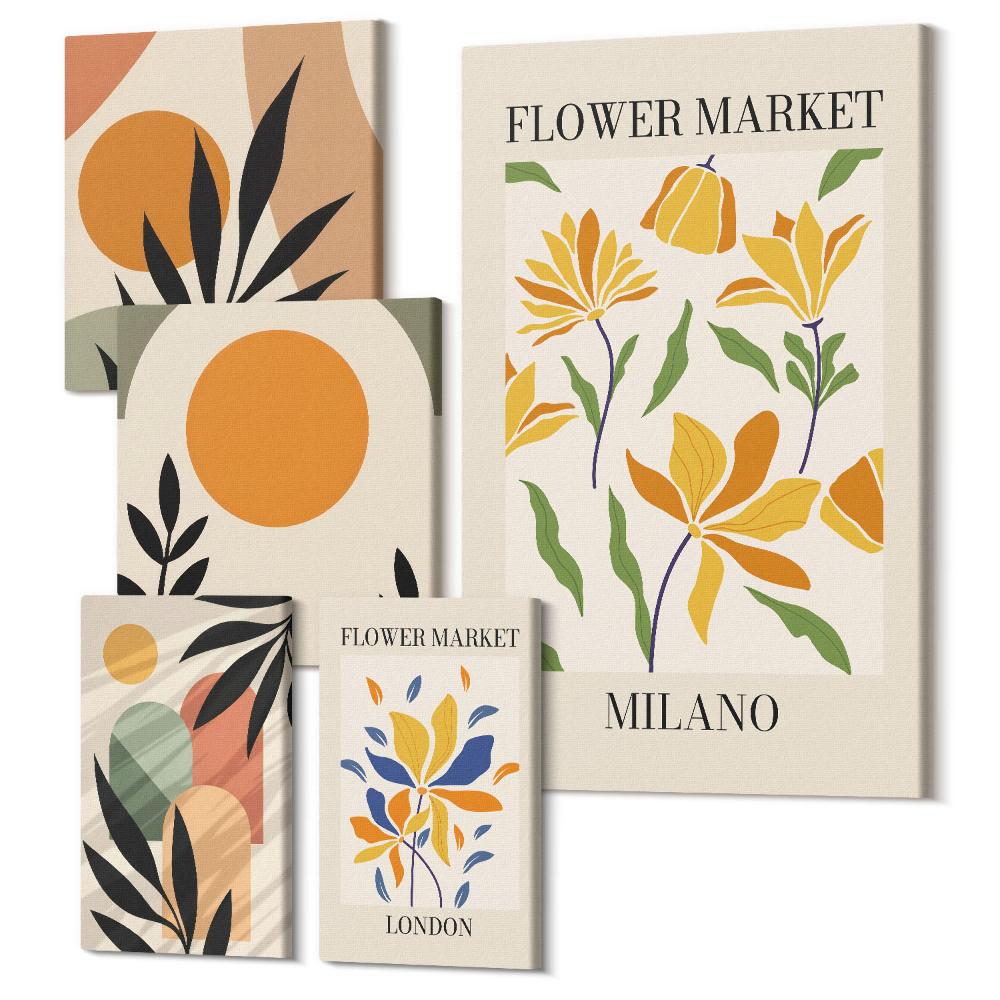 Öt részes vászonkép Virágmotívumok és absztrakt kompozíciók boho stílusban