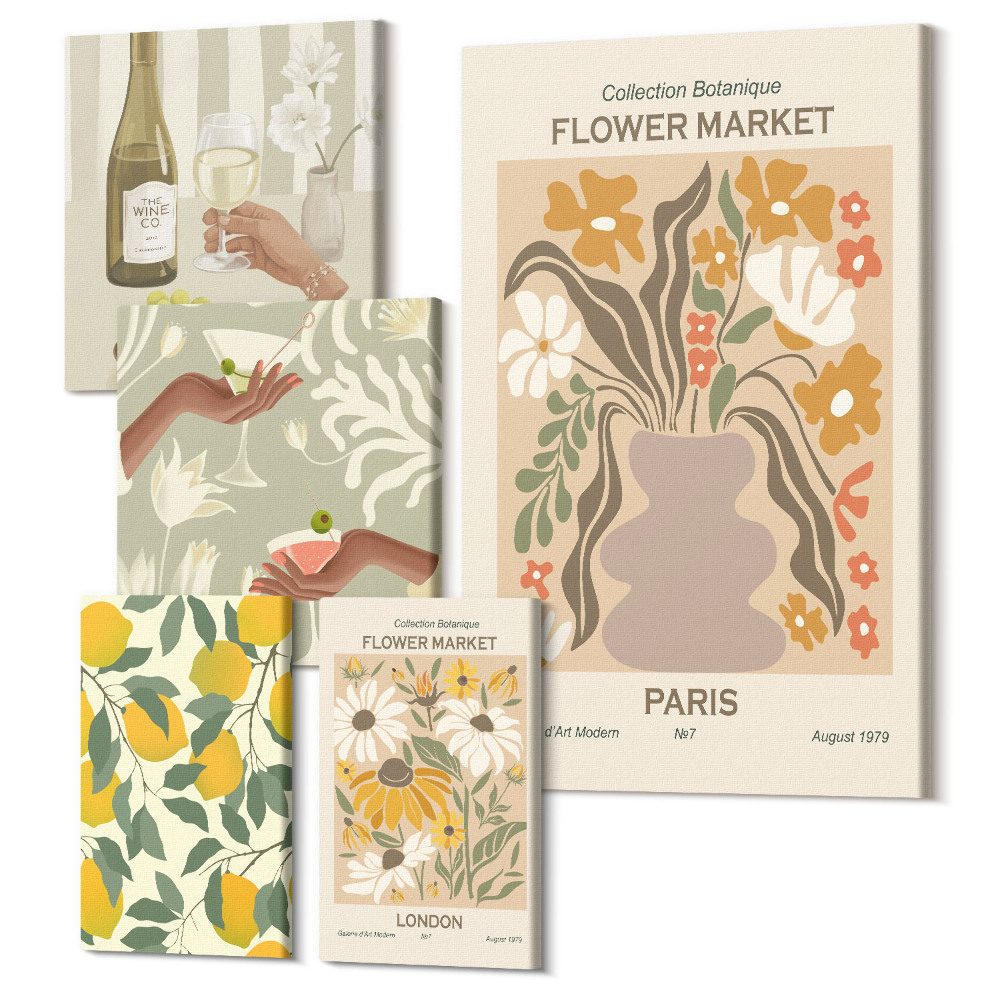 Öt részes vászonkép szett Virágpiacok és szüreti gyümölcs ékezetek