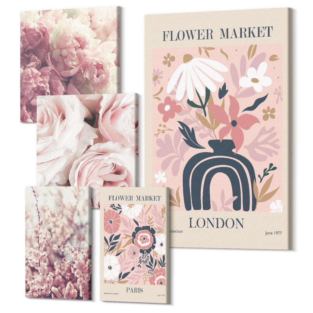 Vászonkép ötrészes Virágmotívumok bohó és romantikus stílusú dekorációkban