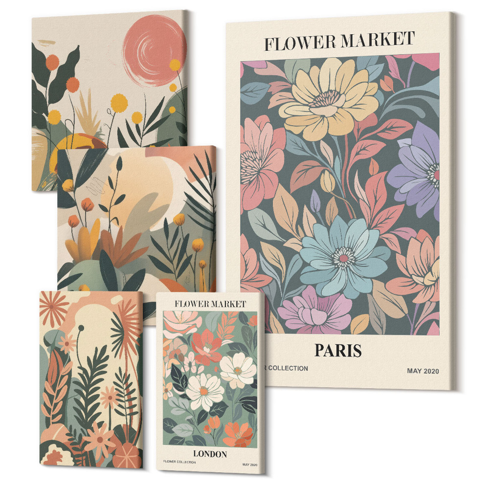 Öt részes vászonkép szett Virágmotívumok a párizsi és londoni piacról