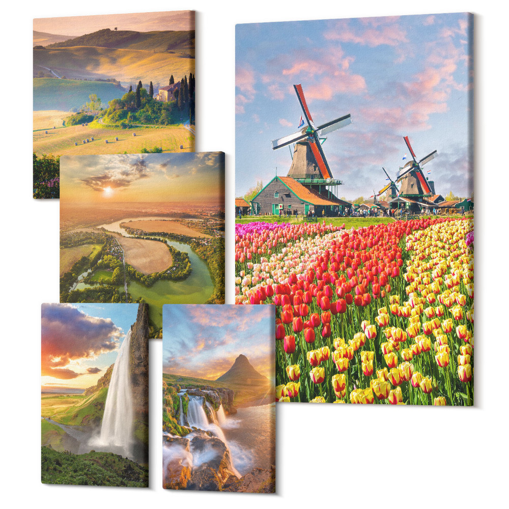 Öt részes vászonkép szett Természeti tájak vízesésekkel és szélmalmokkal a háttérben