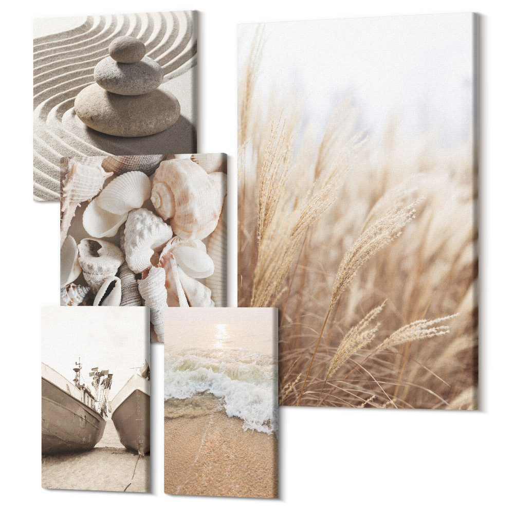 Öt részes vászonkép szett Tengerparti inspirációk kagylókkal és tengerparti homokkal