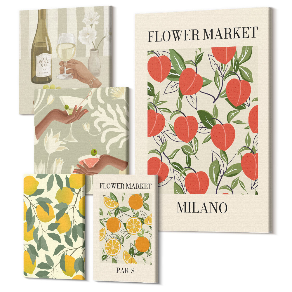 Vászonkép ötrészes Szüreti gyümölcs- és virágpiacok európai városokból