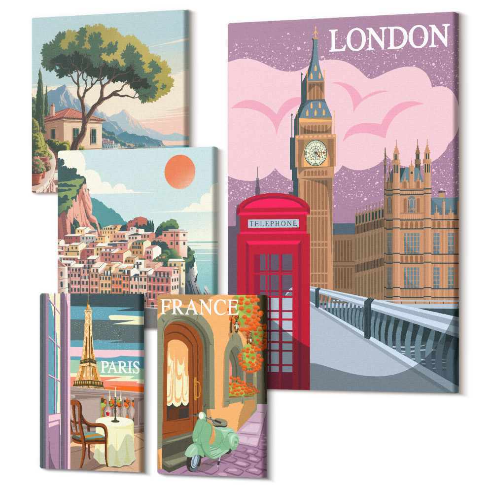 Vászonkép ötrészes Európai városok, a kultúra és az építészet ikonjai