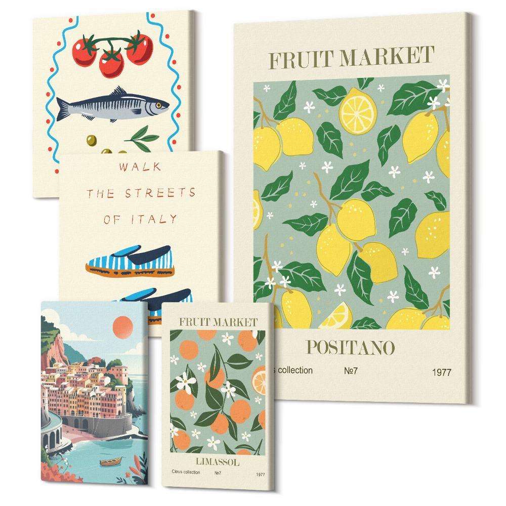 Vászonkép ötrészes Gyümölcsök és helyi piacok gyűjteménye Olaszországból és a Földközi-tenger térségéből