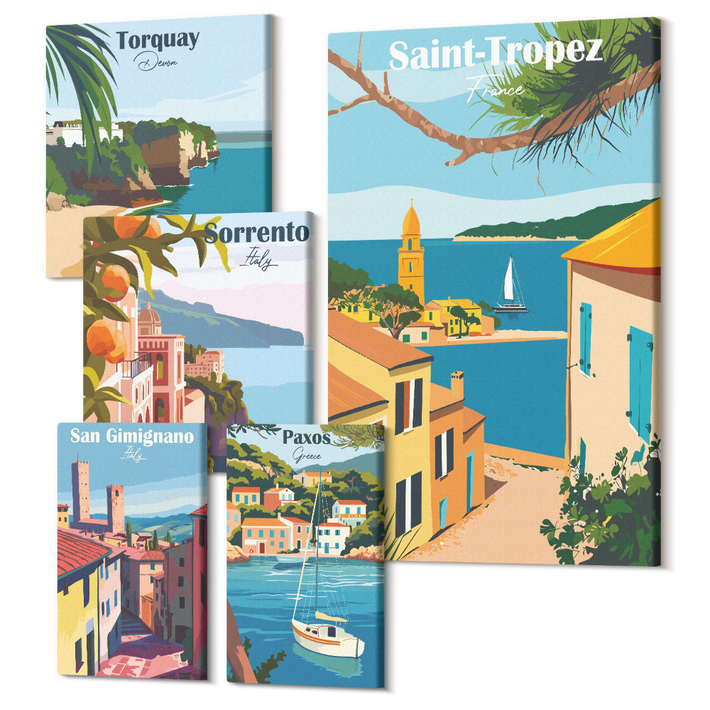 Öt részes vászonkép szett Európai tengerparti városok tájai