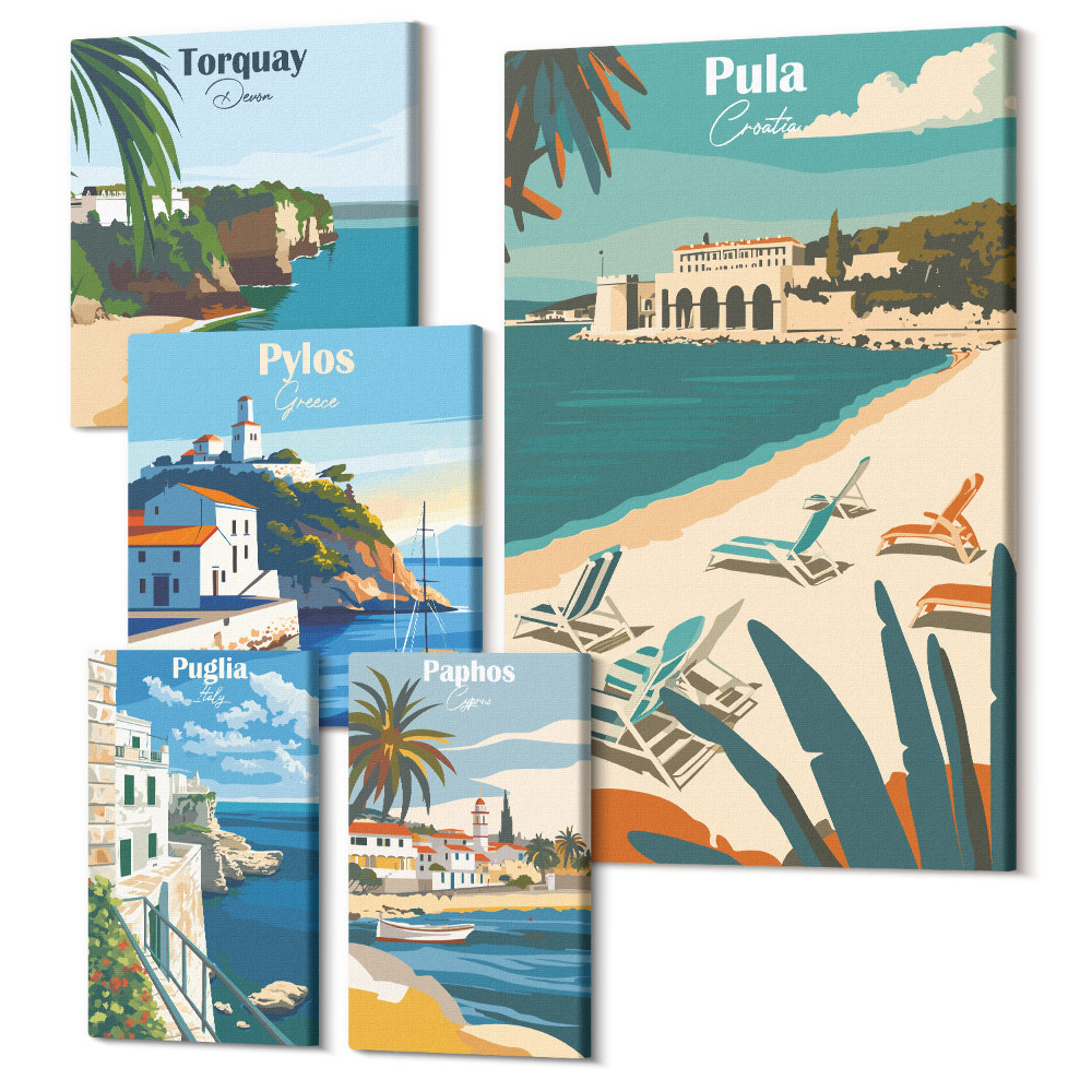 Vászonkép ötrészes Tengerparti tájak elbűvölő helyekkel Európában